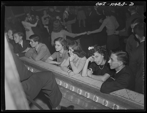 Lancaster, Pennsylvania. Company dance given in Moose Hall so that the Hamilton Watch Company new employees might get acquainted. Jazz fans listening to the orchestra