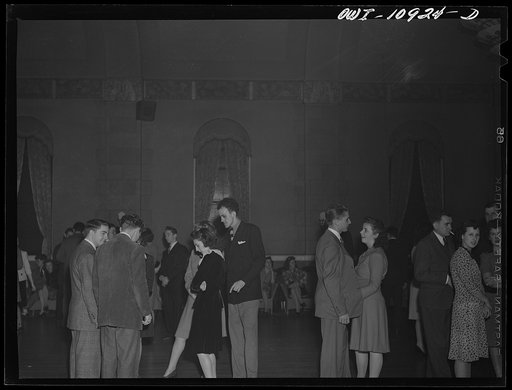Untitled photo, possibly related to: Lancaster, Pennsylvania. Company dance given in Moose Hall by employees of the Hamilton Watch Company so that new employees might get acquainted. Jazz fans listening to the orchestra