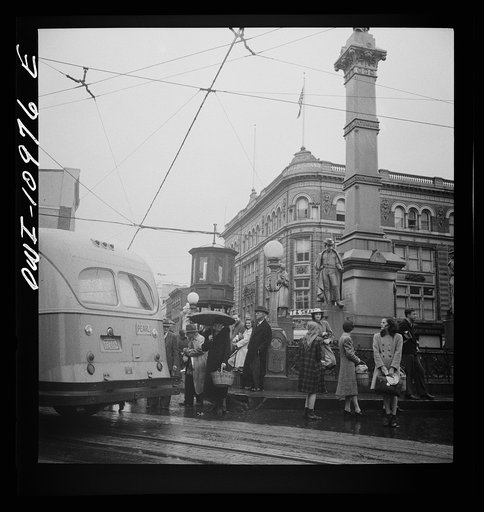 Lancaster, Pennsylvania. Waiting for buses on a rainy market day