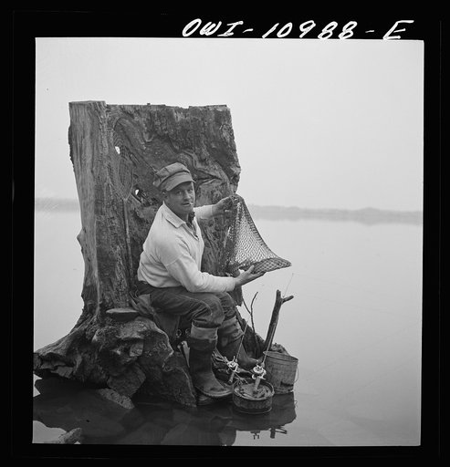 Untitled photo, possibly related to: Lancaster County, Pennsylvania. Fishing for salmon on the Susquehanna River at 6 p.m. This man is a state supervisor of highways. In his time off late in the afternoon he fishes with a bottle of hard cider beside him