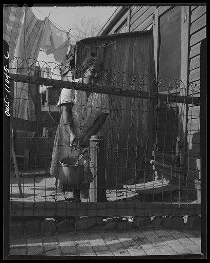 Washington (southwest section), D.C. Negro woman in her backyard. The wooden privy and the source for drinking water are side by side