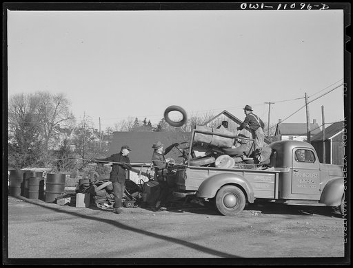 Lititz, Pennsylvania. Last scrap collection drive before spring. Citizens left their contributions on the curb in front of their houses where they were collected by local trucks which had volunteered their services. This one belongs to Mr. Diem, a farm machinery dealer