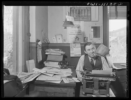 Lititz, Pennsylvania. William N. Young, publisher of the Record-express, is also its reporter and advertising man. The star shows that one of his usual four employees is already in the service. Many printers can get better wages in defense work, and the paper may fold due to lack of help and nationa
