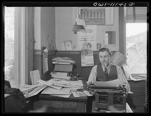 Lititz, Pennsylvania. William N. Young, publisher of the Record-express, is also its reporter and advertising man. The star shows that one of his usual four employees is already in the service. Many printers can get better wages in defense work, and the paper may fold due to lack of help and nationa