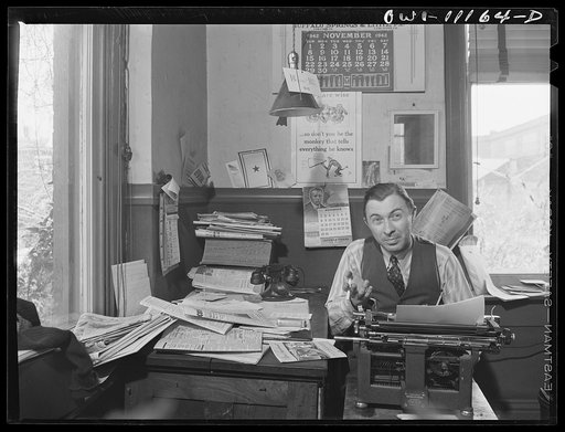 Untitled photo, possibly related to: Lititz, Pennsylvania. William N. Young, owner and publisher of the Lititz Record-express. The paper helps a great deal in selling bonds, and in campaigning for civilian defense activities; but it may fold due to shortage to help and lack of national advertising s