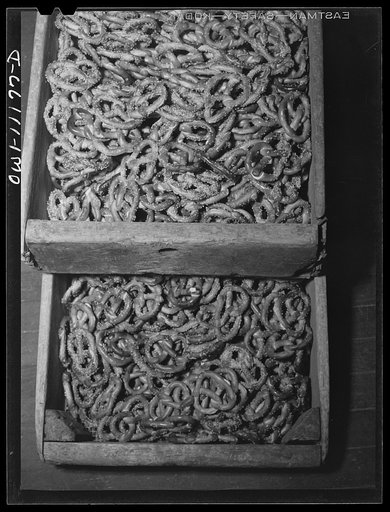 Lititz, Pennsylvania. Trays of pretzels at the Lititz Spring Pretzel Company