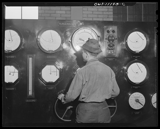 Hanna furnaces of the Great Lakes Steel Corporation. Detroit, Michigan. Some of the dials in the control room of the coke oven