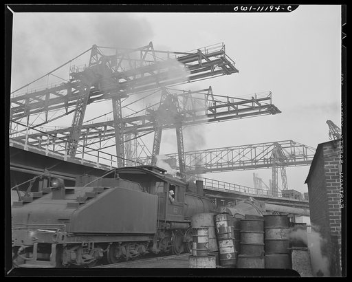 Hanna furnaces of the Great Lakes Steel Corporation. Detroit, Michigan. General view showing the steel framework on which mechanism for unloading boats is mounted