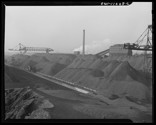Hanna furnaces of the Great Lakes Steel Corporation. Detroit, Michigan. Stock pile of coal and iron ore