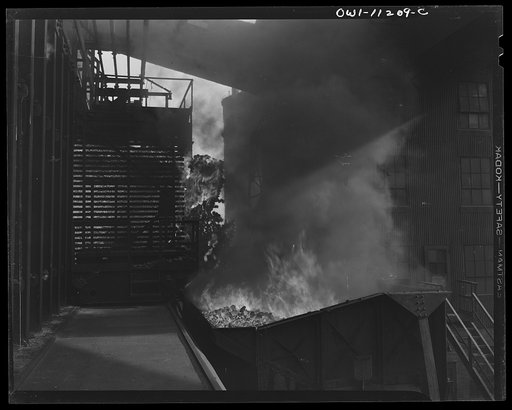 Hanna furnaces of the Great Lakes Steel Corporation. Detroit, Michigan. Coke being pushed from coke oven