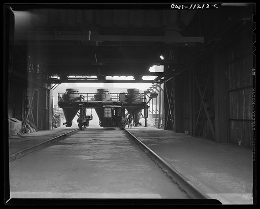 Hanna furnaces of the Great Lakes Steel Corporation. Detroit, Michigan. Coal feeders at entrance to a coal storage tower