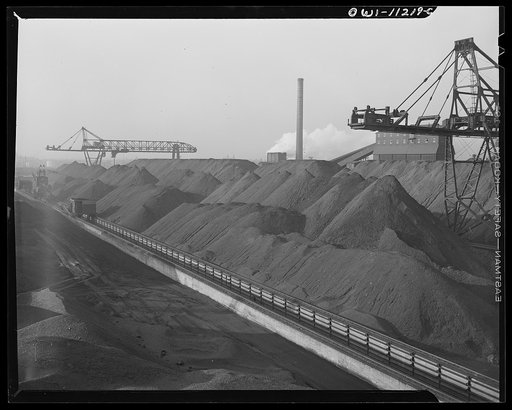 Hanna furnaces of the Great Lakes Steel Corporation. Detroit, Michigan. Stock pile of ore and coal