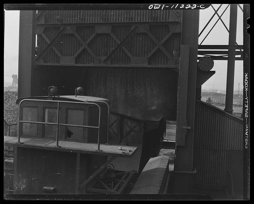 Hanna furnaces of the Great Lakes Steel Corporation. Water pouring onto coke