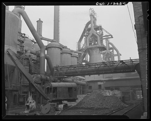 Hanna furnaces of the Great Lakes Steel Corporation. Detroit, Michigan. Water pouring onto coke
