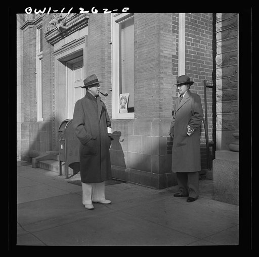 Lititz, Pennsylvania. Air raid wardens outside of the bank during an air raid drill. On left is Mr. Pennepacker, the barber