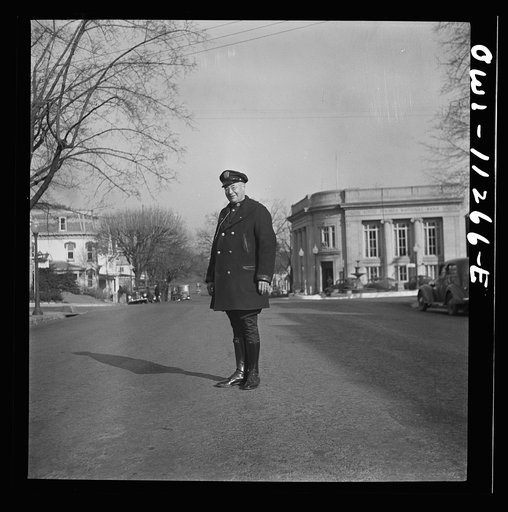 Lititz, Pennsylvania. "Bosser" Kreider, day policeman, during an air raid drill