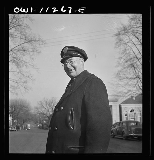 Lititz, Pennsylvania. "Bosser" Kreider, day policeman, during an air raid drill