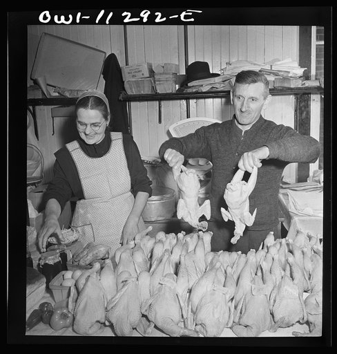 Lititz, Pennsylvania. Mennonite farmer and wife selling fowl at the farmer's market