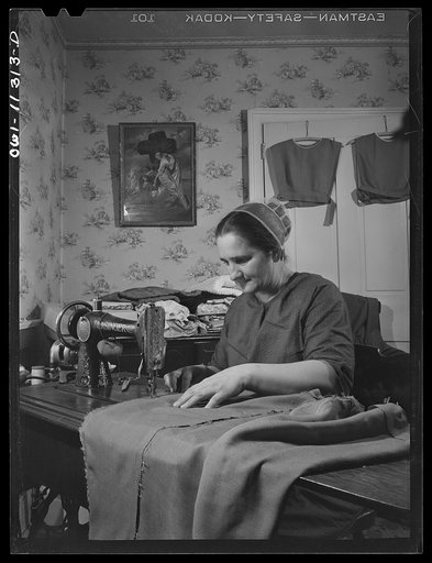 Lititz (vicinity), Pennsylvania. Mennonite farmer's wife dressmaking