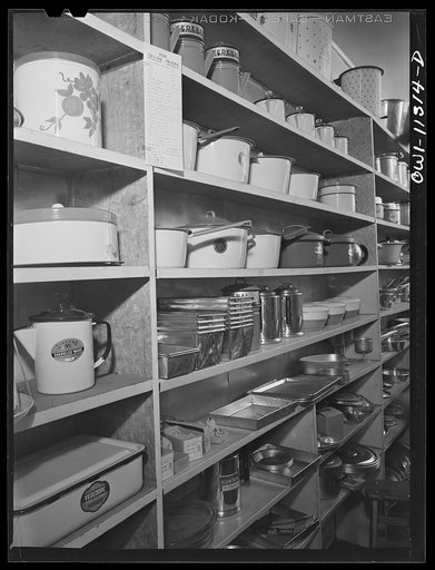 Lititz, Pennsylvania. These are the last aluminum and enamel ware utensils which Morris Kreider's hardware store will be able to get for the duration of the war. Usually he keeps his storeroom as well as the shelves well stocked