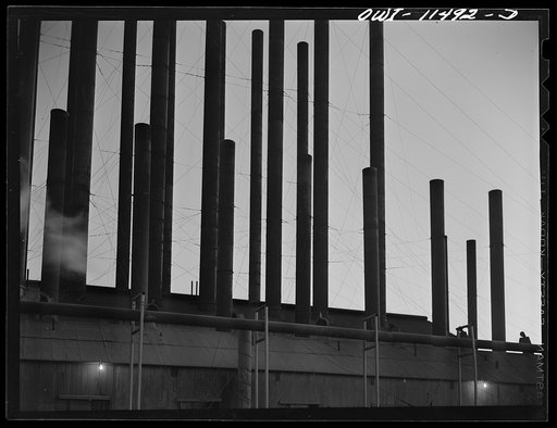 Untitled photo, possibly related to: Phillips refinery. Borger, Texas. Smokestacks on the powerhouse