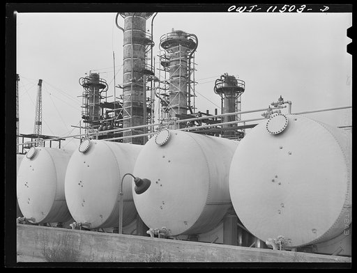 Phillips refinery. Borger, Texas. Feed tanks and a still