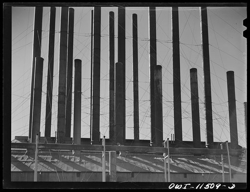 Phillips refinery. Borger, Texas. Smokestacks on the powerhouse
