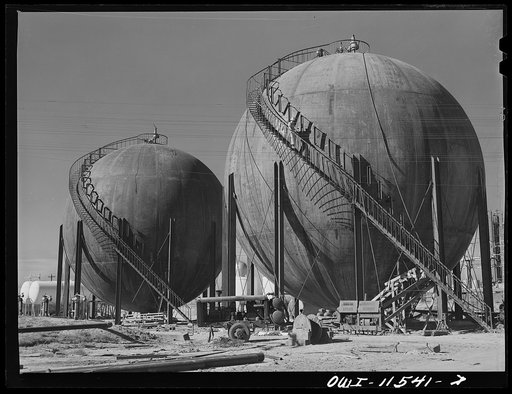 Phillips gasoline plant. Borger, Texas. High-pressure storage tanks