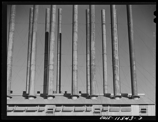 Phillips refinery. Borger, Texas. Smokestacks on the powerhouse