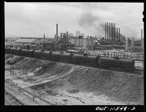 Untitled photo, possibly related to: Phillips refinery. Borger, Texas. Pipelines leading from the storage tanks to the loading rack