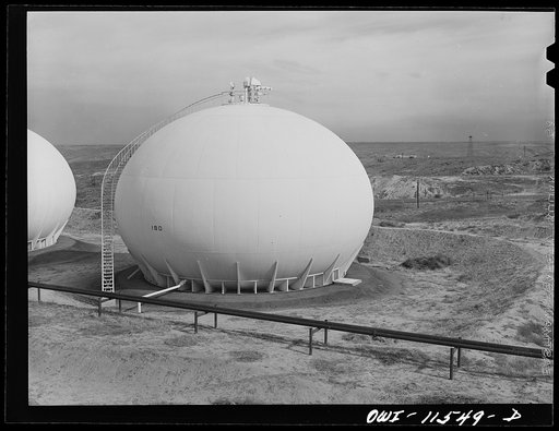 Phillips gasoline plant. Borger, Texas. High-pressure storage tank