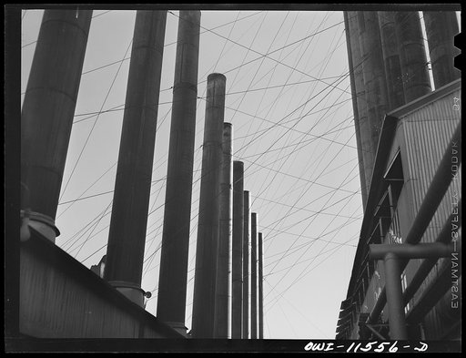 Phillips gasoline plant. Borger, Texas. Smokestacks on the powerhouse