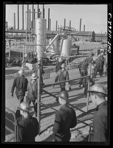 Borger, Texas. Employees going to work at the Phillips refinery