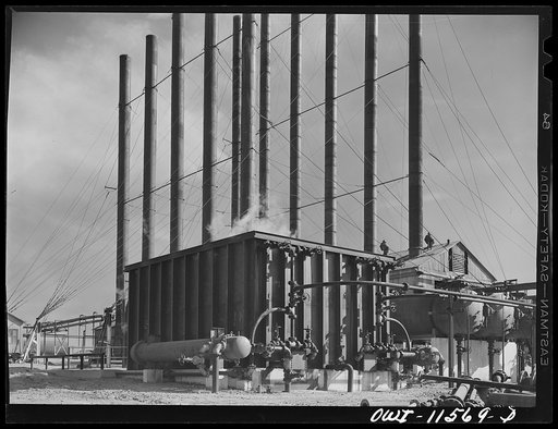 Phillips refinery. Borger, Texas. Smokestacks on the powerhouse