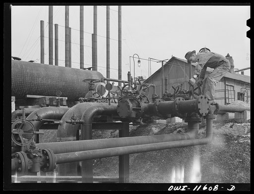 Untitled photo, possibly related to: Phillips refinery. Borger, Texas. Smokestacks on the powerhouse