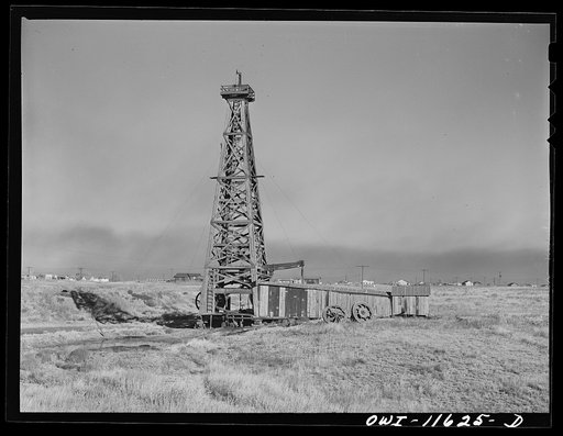 Borger, Texas. Oil well with old wooden derrick