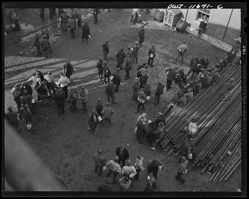 Untitled photo, possibly related to: Pittsburgh, Pennsylvania (vicinity). Montour no. 4 mine of the Pittsburgh Coal Company. Miners meeting at the change of shifts