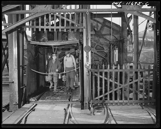 Pittsburgh, Pennsylvania (vicinity). Montour no. 4 mine of the Pittsburgh Coal Company. Miners in the cage enroute to the bottom of the mine