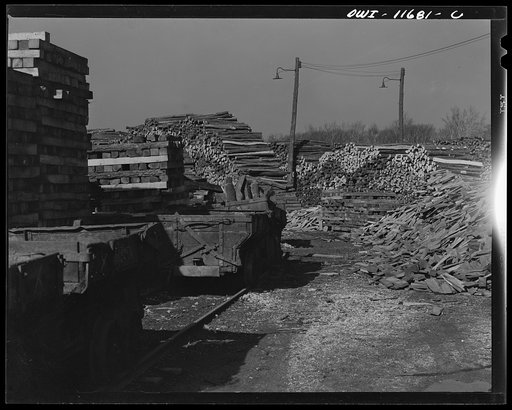 Untitled photo, possibly related to: Pittsburgh, Pennsylvania (vicinity). Montour no. 4 mine of the Pittsburgh Coal Company. Mine timbers with company village in background