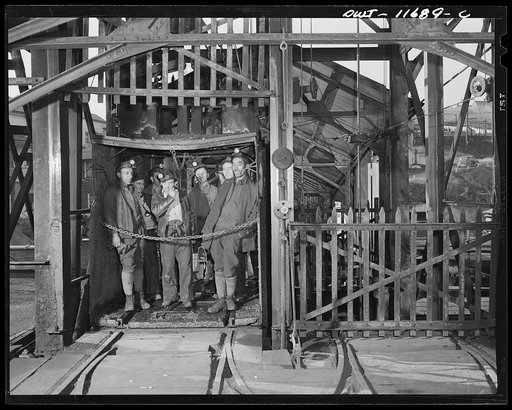 Pittsburgh, Pennsylvania (vicinity). Montour no. 4 mine of the Pittsburgh Coal Company. Miners in cage ready to be lowered into the mine