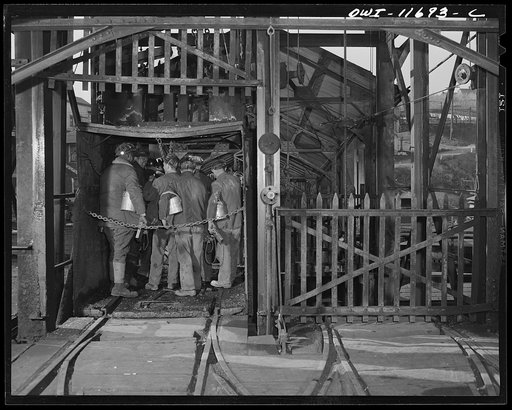 Pittsburgh, Pennsylvania (vicinity). Montour no. 4 mine of the Pittsburgh Coal Coal. Miners leaving the cage after coming up from the mine bottom
