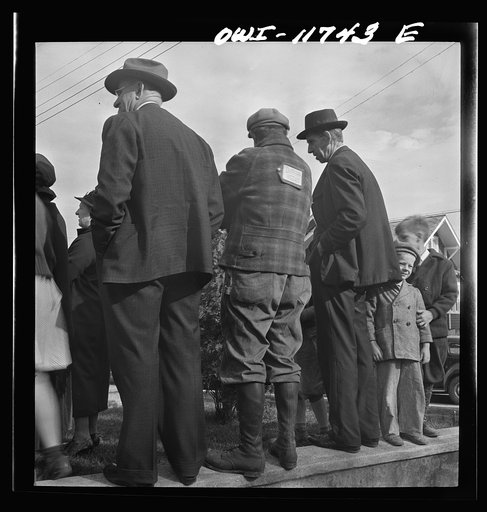 Lititz, Pennsylvania. Bidders at a public sale. Center one has hunting license on his back