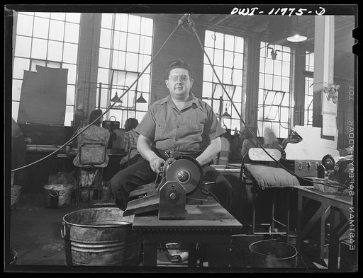 Lititz, Pennsylvania. Bertram Shaw, blind, has recently been hired at the Animal Trap Company to end-grind 50 calibre ammunition
