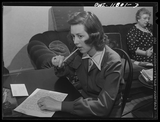 Lititz, Pennsylvania. Mrs. Julian Bachman, twenty-three, has been married a year. Her husband is in Officers' Candidate School of the U.S. Army Air Corps in Kentucky, so she is living at home and works at the Animal Trap Company from 7 to 4. She spends her evening writing him daily letters