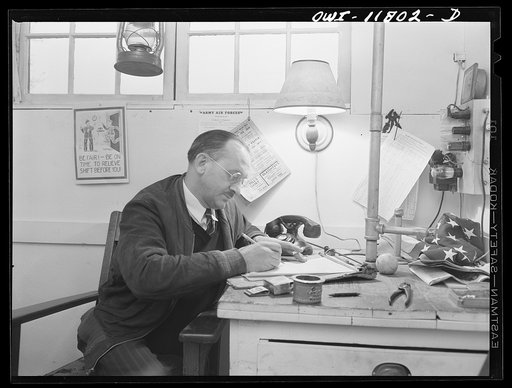 Lititz, Pennsylvania. Paul Ritz serving his two hours per week as an airplane spotter in the observation post on a hill near Lititz. There are two people here twenty-four hours a day. Ritz' companion was ill this time. He is a candy coater in the local chocolate factory; has a son in the Navy; was i