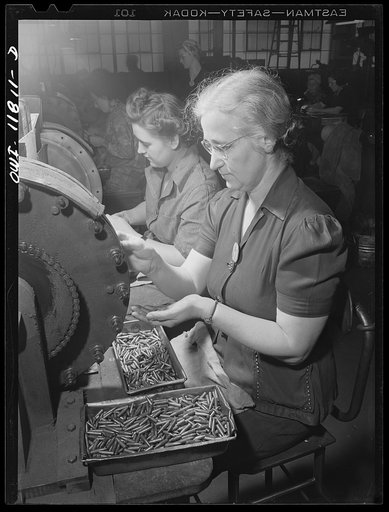 Lititz, Pennsylvania. Mrs. Viola Marvel and her daughter work side by side at the Animal Trap Company. Before the war, Mrs. Marvel worked in the restaurant of a Philadelphia department store, but she prefers to work with machinery