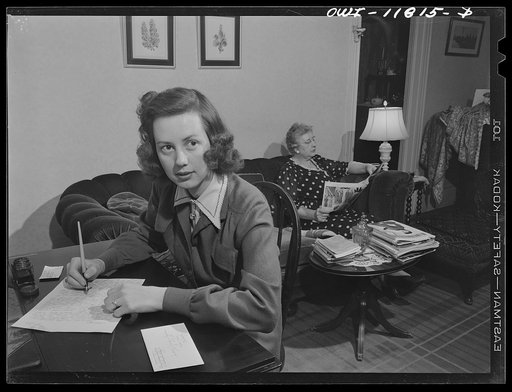 Lititz, Pennsylvania. Mrs. Julian Bachman, twenty-three, has been married a year. Her husband is in Officers' Candidate School of the U.S. Army Air Corps in Kentucky, so she is living at home and works at the Animal Trap Company from 4 to 7. She spends her evenings writing him daily letters