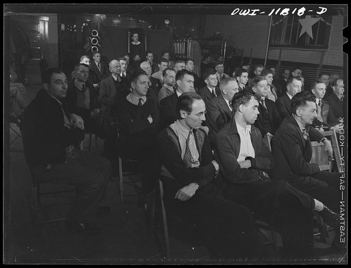 Untitled photo, possibly related to: Lititz, Pennsylvania. Volunteer fire watchers listening to a lecture on gases in war time given in the firehouse