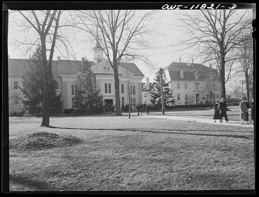 Untitled photo, possibly related to: Lititz, Pennsylvania. People leaving the Moravian Church on Sunday. Moravians were the first settlers of Lititz. Their religion resembles that of the High Episcopalians. The Moravian Sunday school, at right, served as a hospital after the Battle of Brandywine Cre