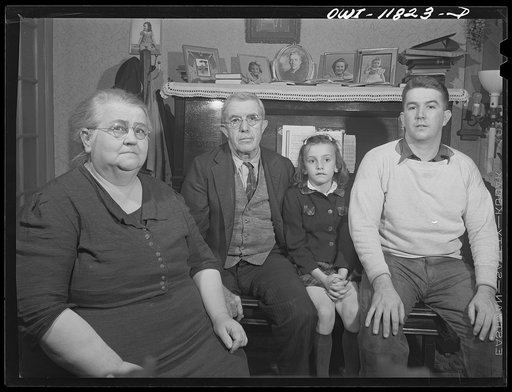 Lititz, Pennsylvania. Mr. and Mrs. Benjamin Lutz, unmarried son Henry, and granddaughter Roberta Jean at home. Benny is a butcher; he also writes hymns and patriotic songs